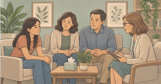 Teen and her parents meeting with a therapist, showing how family therapy improves communication and support at home during depression treatment.