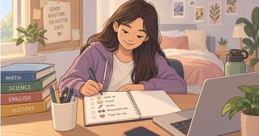 A teen using a simple daily checklist to bring structure to school days while coping with depression.