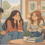 Three teens talking with a school counselor, showing how support at school can help students cope with depression.