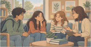 Three teens talking with a school counselor, showing how support at school can help students cope with depression.