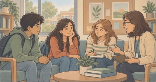 Three teens talking with a school counselor, showing how support at school can help students cope with depression.