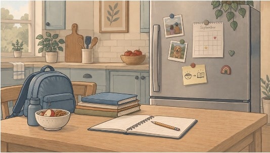 An after-school snack and open notebook on a kitchen table, with a sticky note on the fridge serving as a reminder to start homework after snack time.