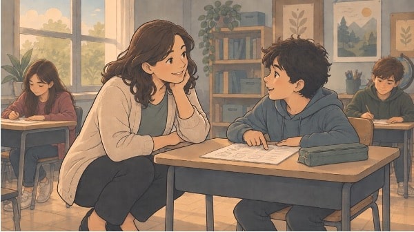 A teacher checking in with a small group of students at a shared table, showing how quick check-ins can reveal where each student needs support.