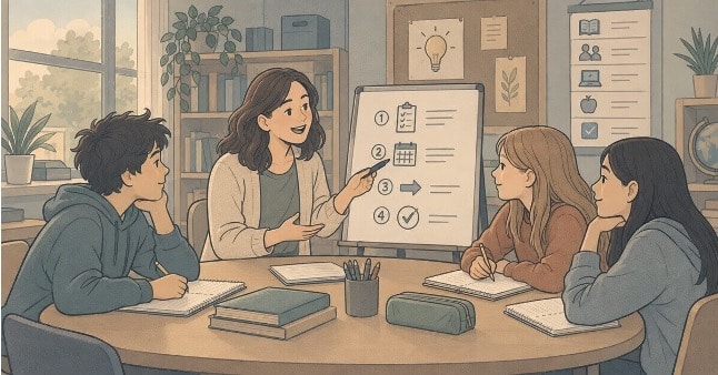 A teacher guiding a small group of students through numbered visual steps, helping them build executive functioning skills for planning and organizing their work.