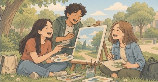Three teens painting together outdoors, showing how shared activities with friends can help lift a low mood.