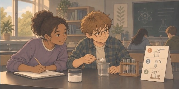 Two students doing a science experiment at a lab table, using a numbered picture card that reduces working-memory demands during a multi-step activity.