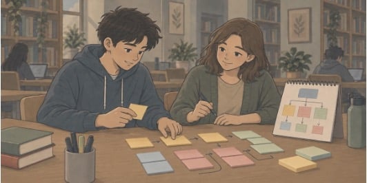 Two teens in a library arranging color-coded sticky notes into small steps, breaking a big school project into manageable actions.